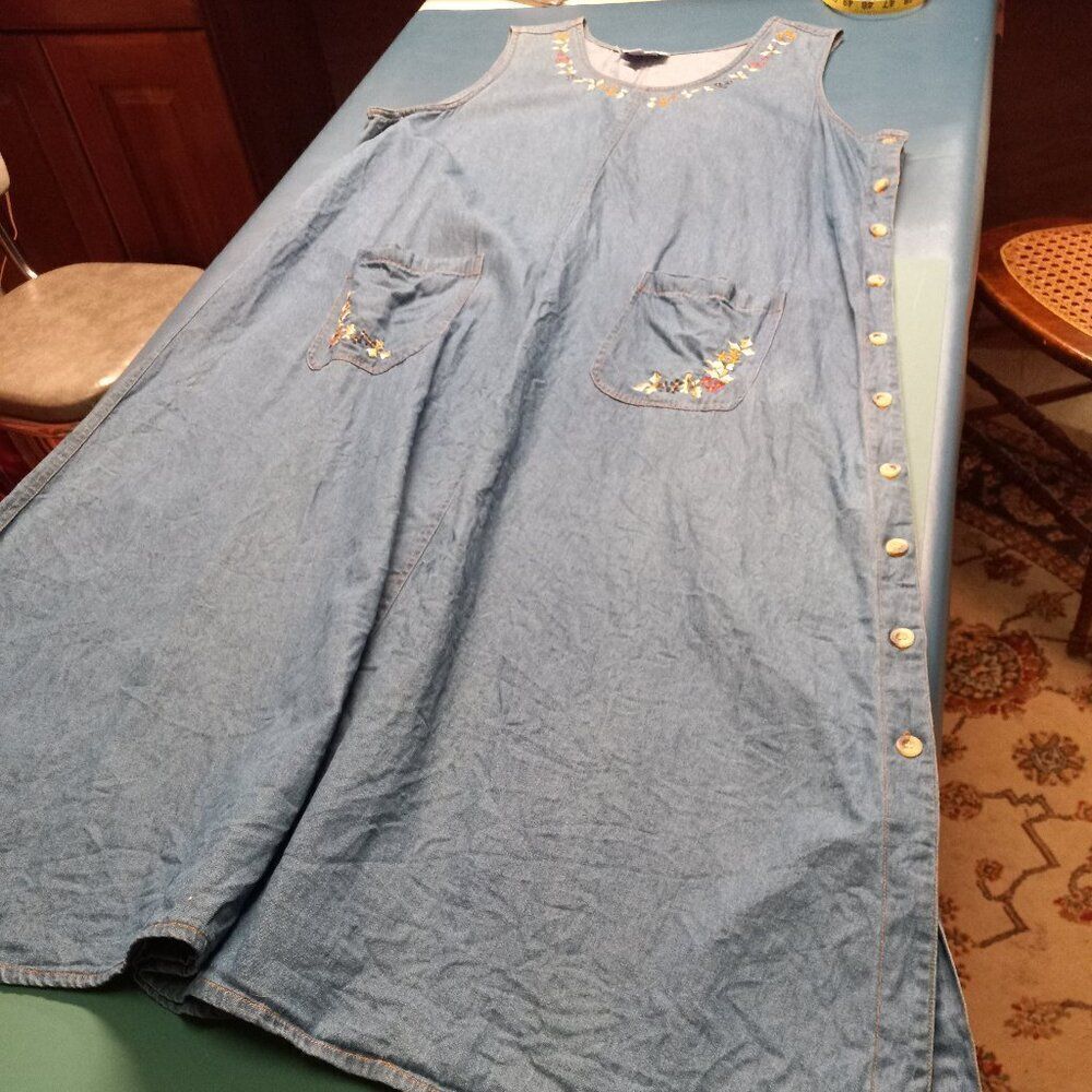 BFA Classics 2X Cotton Denim Floral Maxi Jumper Sleeveless Front Pockets